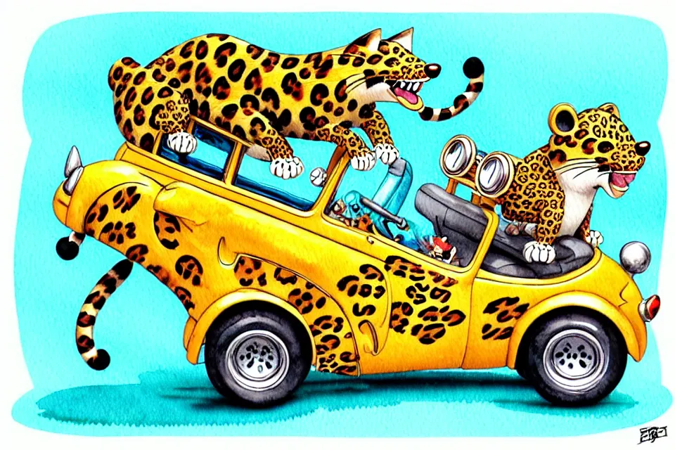 Image similar to cute and funny, leopard riding in a tiny hot rod with oversized engine, ratfink style by ed roth, centered award winning watercolor pen illustration, isometric illustration by chihiro iwasaki, edited by range murata, tiny details by artgerm and watercolor girl, symmetrically isometrically centered