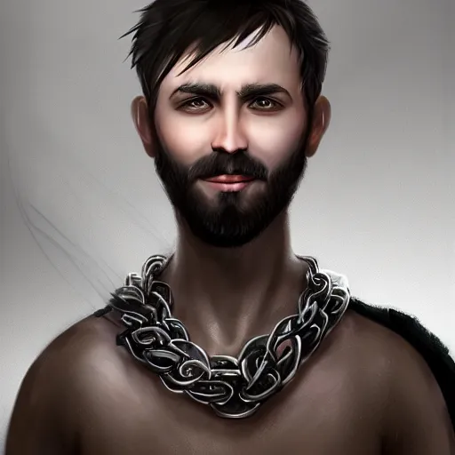 Image similar to realistic portrait, 30 year old man :: athletic, rough, angered :: short black hair, dark taint :: chain mail :: high detail, digital art, RPG, concept art, illustration