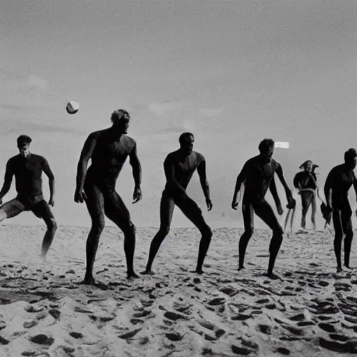 Image similar to old monochromatic photograph of the avengers playing beach volley