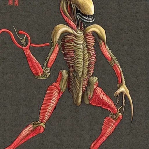 Prompt: xenomorph alien in the edo period. realistic.