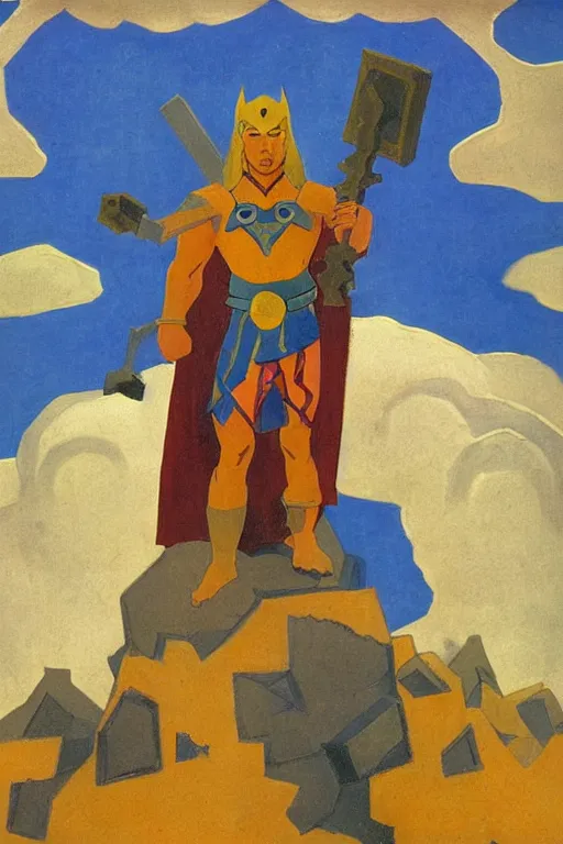 Image similar to thor, marvel, artwork by nicholas roerich,