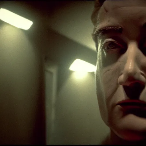 Prompt: movie scene of a man with a robot head, movie still, cinematic composition, cinematic light, Movie by David Lynch, Movie by Andrzej Żuławski