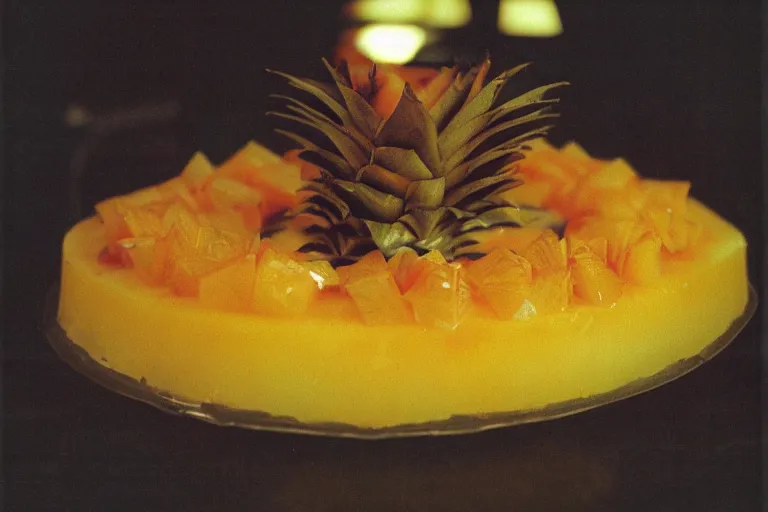 Prompt: pineapple and cheese aspic, in 1 9 9 5, y 2 k cybercore, industrial low - light photography, still from a ridley scott movie