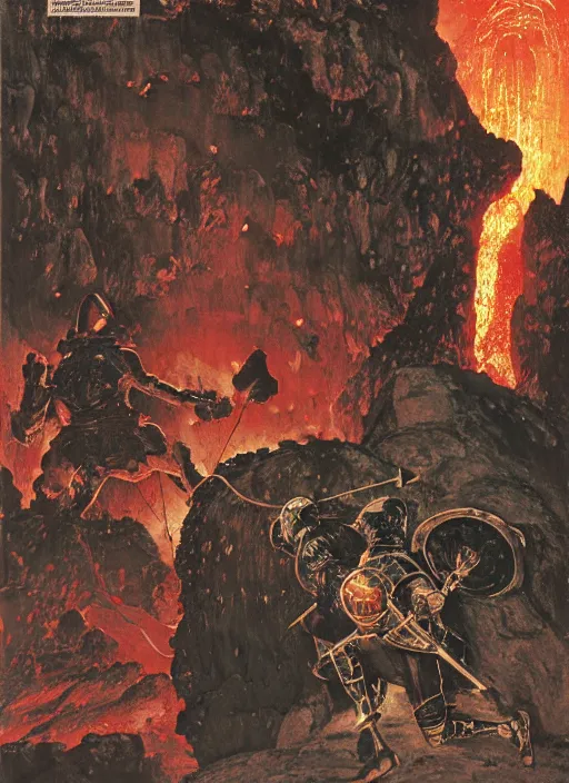 Prompt: knight in armour in lava cave, explosions, lava flows, dynamic action, by lawrence alma - tadema and zdzislaw beksinski and norman rockwell and jack kirby and tom lovell and greg staples