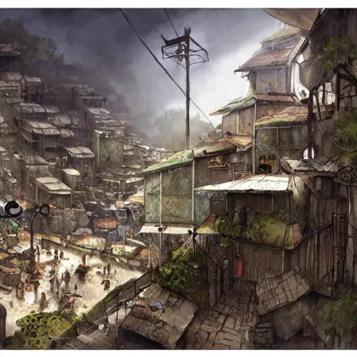 Image similar to favela slums, scifi, a detailed matte painting by anton pieck, deviantart contest winner, concept art, official art, matte drawing