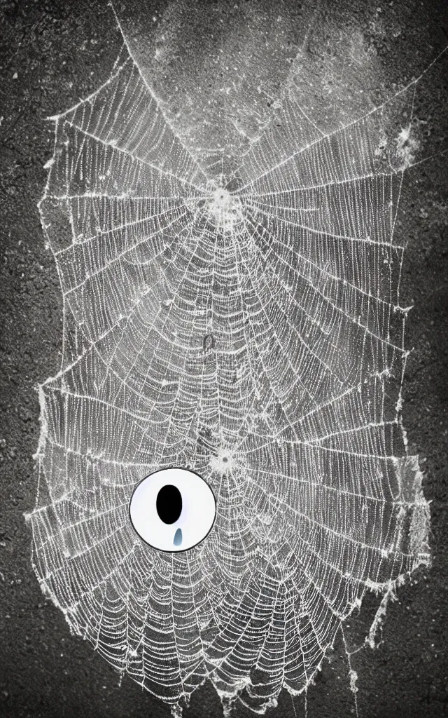 Prompt: cobweb with the shape of a crying emoji in nature, photography album cover