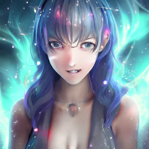 Image similar to Anime Teenage female Mage, outdoors lighting, astral background, symmetrical face and body, confident, smile, detailed moisture, detailed droplets, detailed intricate hair strands, DSLR, ray tracing reflections, eye reflections, focused, unreal engine 5, vfx, post processing, post production, Arcane Style, 8k