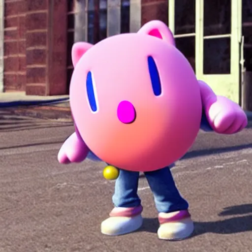 Prompt: photo of kirby from nintendo in casual clothes, pink kirby walking, kirby walking down the street in casual clothes, he looks cool, he is holding a yo-yo