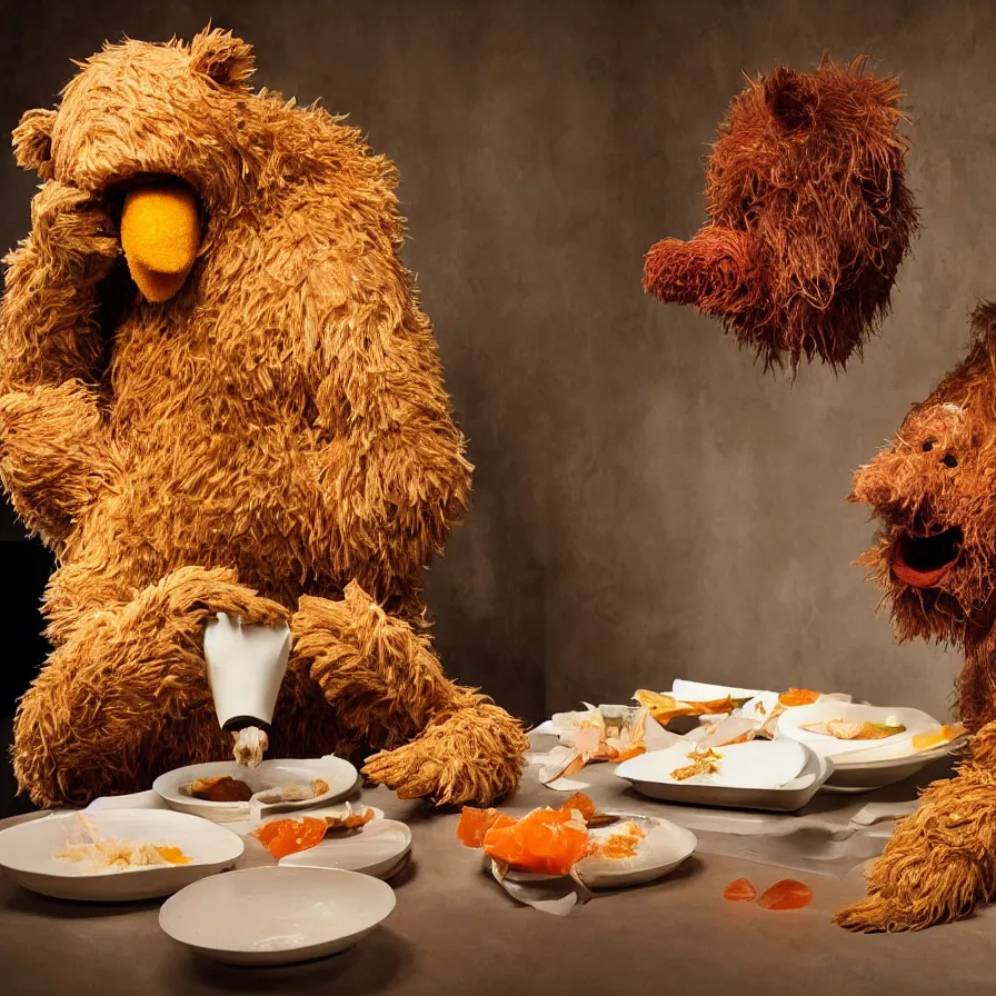 Prompt: beautiful studio photograph of a surrealist assemblage of fozzie bear eating a delicious meal of raw fish and whistles inside the cathedral, sculpted by ron mueck and matthew barney and rene magritte, hysterical realism intense cinematic lighting shocking detail 8 k