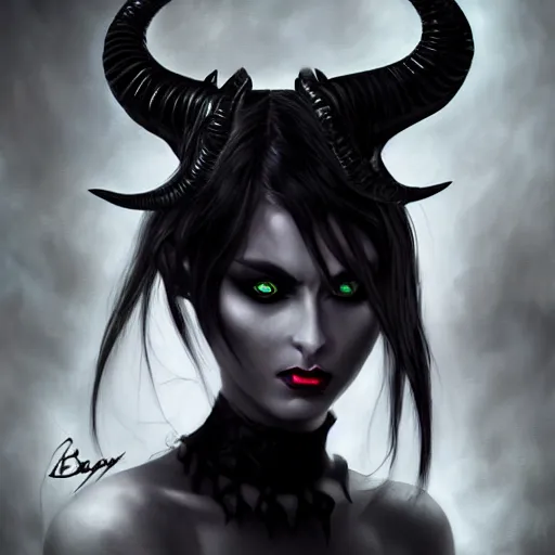Prompt: cool and bored looking succubus, portrait of a lady demon all dressed in black, beautiful face and eyes, ram horns on her head, close look, highly detailed, cel shaded, cinematic shot, trending on artstation, blurry background, high quality, detailed and chaotic background, brush strokes all over, by tom bagshaw and jama jurabaev