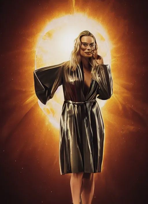 Prompt: detailed Illustration of stunning Margot Robbie in a Solarpunk leather robe, abstract sun in background, accurate anatomy, full body portrait, shiny soft skin, soft lighting, sharp details, warm colors, studio portrait, 35 mm film, subsurface scattering, lens flare