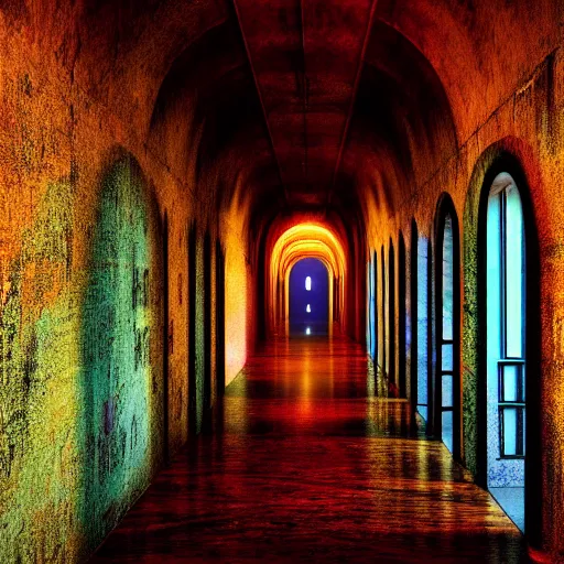 Prompt: a long colorful asylum hallway at night, arched ceiling, one point perspective, vanishing point, symmetrical composition, rich colors, dramatic lighting, by lee madgwick, photorealistic, v - ray render 8 k uhd
