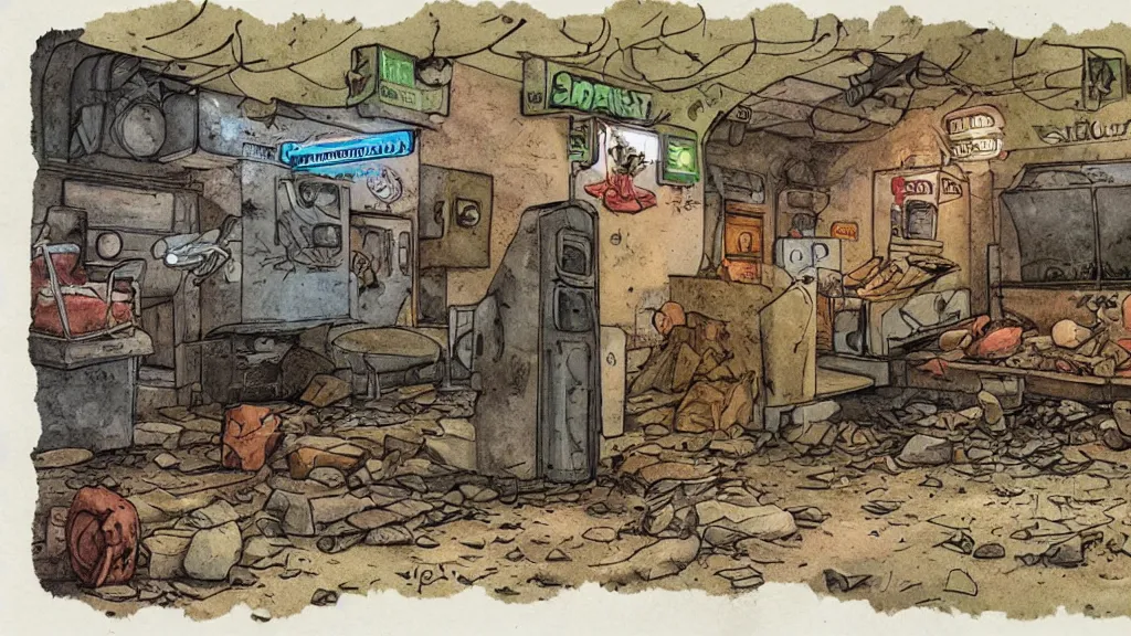 Prompt: storybook illustration signed dugout abandoned fastfood restaurant, postapocalypse, cinematic