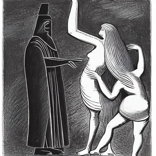 Prompt: ordered by alexander archipenko, by claude monet adventure time. a illustration of a large, black - clad figure of the king looming over a small, defenseless figure huddled at his feet. the king's face is hidden in shadow. menacing stance, large, sharp claws, dangerous & powerful creature.