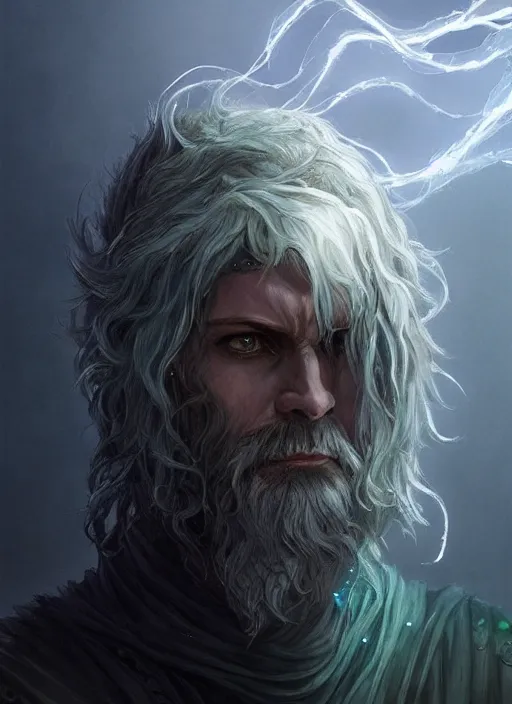 Image similar to Portrait of hexblade warlock Paladin, white glowing eyes, silver shaggy hair, short brown, scruffy beard, cloak, teal ethereal tendril wings, male, fantasy, extremely detailed, digital painting, artstation, concept art, smooth, sharp focus, illustration, stunning lighting, art by artgerm and greg rutkowski and alphonse mucha and simon stalenhag, realistic character concept, high fantasy, light atmosphere, golden ratio, cinematic lighting, hyperdetailed, high resolution, insanely detailed and intricate, artstation, Marc Simonetti, Greg Rutkowski