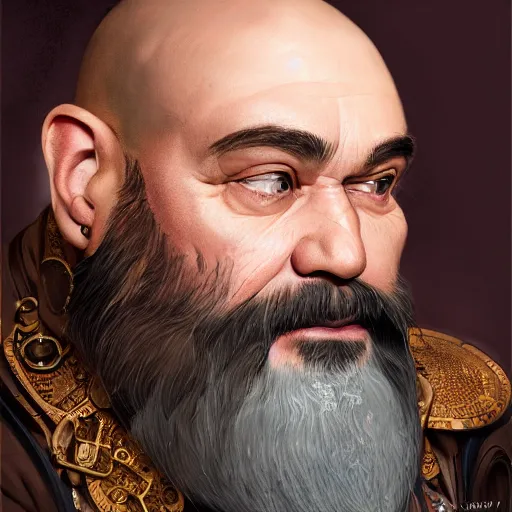 Image similar to Three quarters portrait of a male steampunk dwarf, highly detailed, digital painting, art by Stanley Lau and Artgerm and magali villeneuve and Alphonse Mucha, artstation, octane render, cgsociety