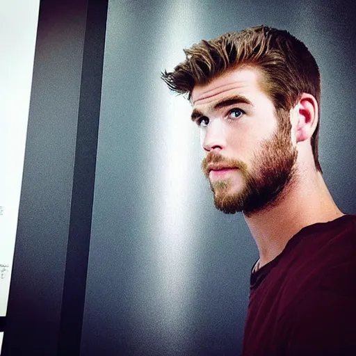 Image similar to “a realistic detailed photo of a guy who is an attractive humanoid who is half robot and half humanoid, who is a male android, actor Liam Hemsworth, shiny skin, posing like a statue, blank stare, at the museum, on display”