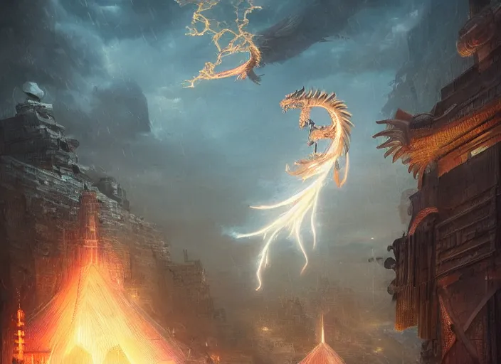 Image similar to luxurious white chinese dragon hovering side of a cyberpunk egyptian pyramid during lightning and thunder, by greg rutkowski, james jean, peter mohrbacher, rule of thirds, sigma look, beautiful, intricate, majestic, award winning