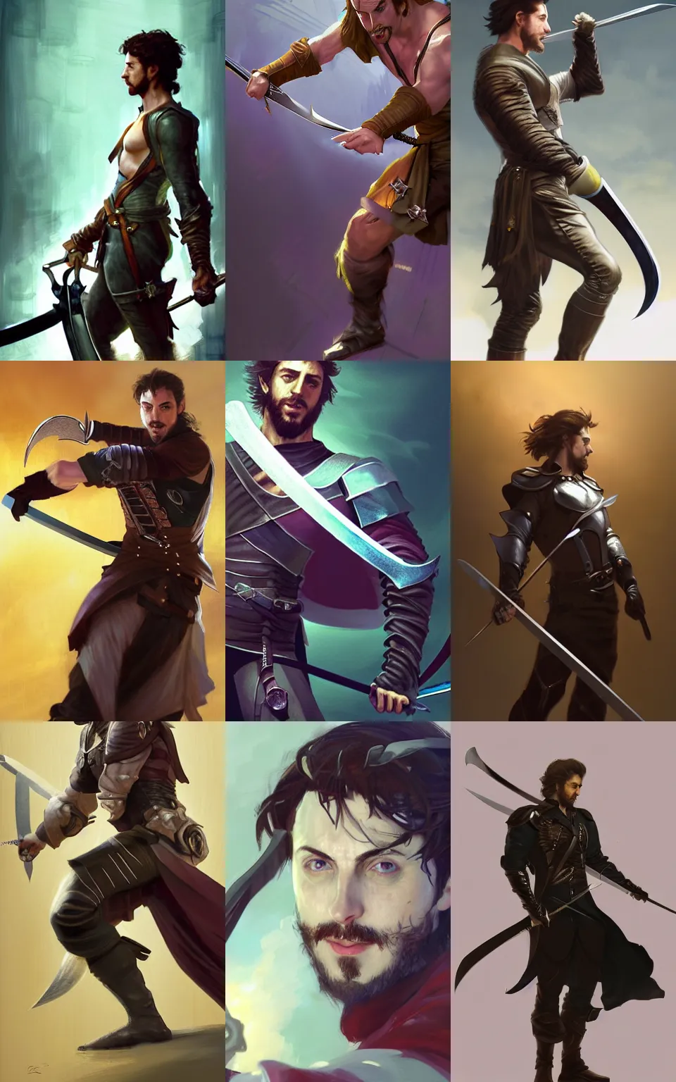 Prompt: character concept portrait of happy Aaron Taylor Johnson as a swashbuckler attacking with a magic sword. Magic runes floating around the sword, fit, abs, robes, elegant, dynamic perspective, digital painting, concept art, smooth, sharp focus, illustration, from Metal Gear, by Ruan Jia and Mandy Jurgens and William-Adolphe Bouguereau, Artgerm