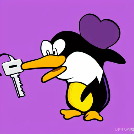 Image similar to 2 d purple penguin holding a key. disney art style. digital art. simple.