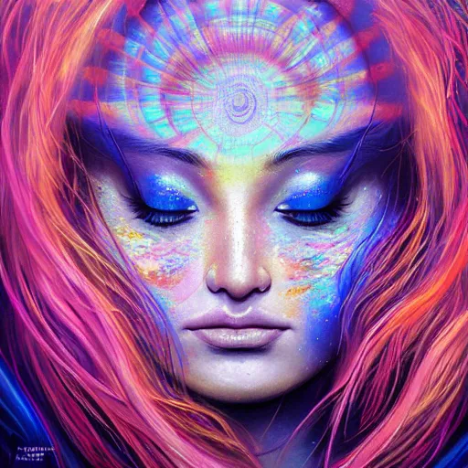 Prompt: a psychedelic otherwordly ethereal portrait of kim petras with her eyes closed transcending through the multiverse from the eternal blessing of consciousness, by android jones, by ben ridgeway, by ross draws, by noah bradley, by maciej kuciara, visionary art, oil painting, artgerm, featured artstation, cgsociety, greg rutkowski