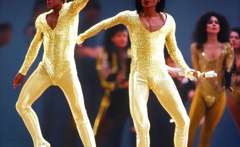 Prompt: 1992 michael jackson wearing a golden fencing leotard