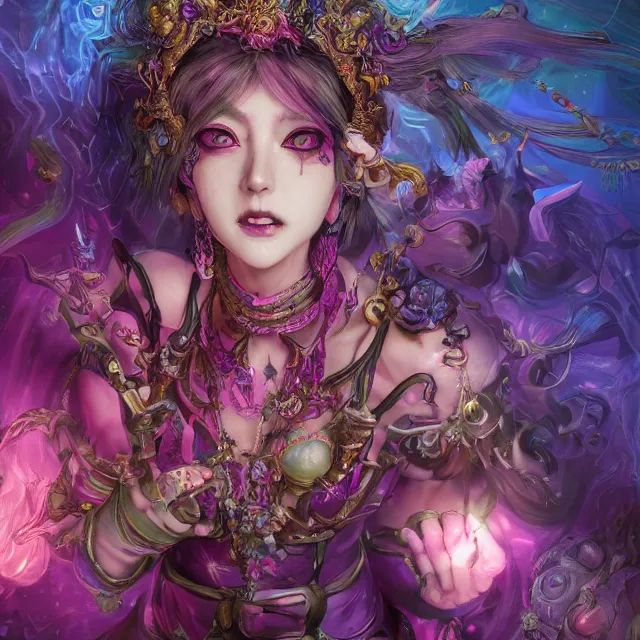 Prompt: the portrait of chaotic evil fallen colorful female necromancer overlord as absurdly beautiful, elegant, cute idol, an ultrafine hyperdetailed illustration by kim jung gi, irakli nadar, detailed faces, intricate linework, bright colors, octopath traveler, unreal engine 5 highly rendered, global illumination, radiant light, detailed and intricate environment, 8 k