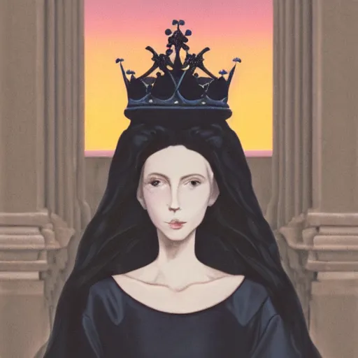 Prompt: a painting of a pale woman with black hair and a crown on her head standing in front of a statue, a screenshot by stanley twardowicz, cgsociety, aestheticism, aesthetic, vaporwave, anime aesthetic,