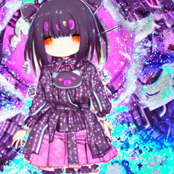 Image similar to sanrio glitchcore yokai girl, shadowverse character concept, found footage horror, glitter gif | Fatalistic (Bleak, Gloomy) | d anime decora gyaru kawaii fashion model, v tuber, darling in the frank,asuka, anime best girl, with glitch and scribble effects, psychedelic colors, 3d render octane, by wlop, wenjr, beeple, artstation,imaginefx