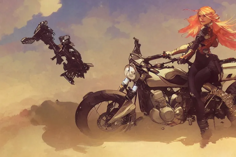 Prompt: a girl is riding a motorbike, digital painting, artstation, the space background,concept art, sharp focus, illustration, art by Krenz Cushart and Artem Demura and alphonse mucha