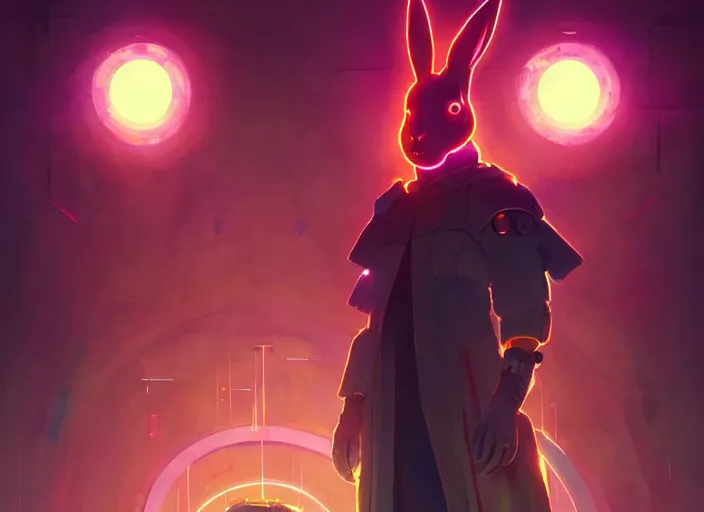 Prompt: cyberpunk rabbit wearing glowing robe, details, futuristic, epic, sacrificial altar, landscape illustration concept art anime key visual trending pixiv fanbox by wlop and greg rutkowski and makoto shinkai and studio ghibli and kyoto animation symmetrical facial features