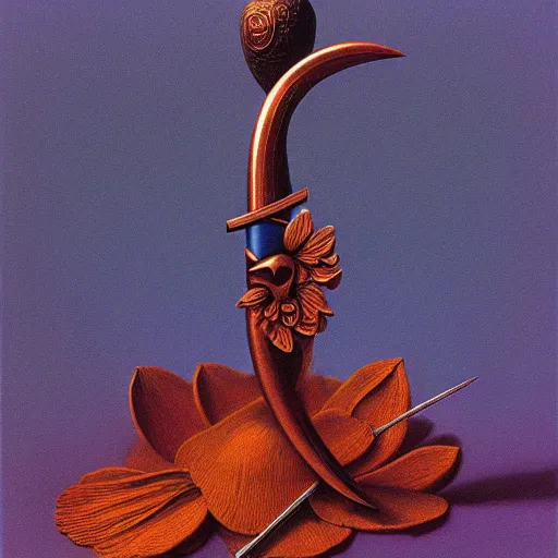 Image similar to a sword in the style of zdzisław beksinski, elegant, flower petals, copper and emerald