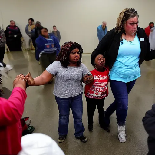 Prompt: a mom accused of bullying at aa farm in suburban chicago, illinois, tuesday, septembera & m holds hands on prompt hearing by hundreds of migrants and their communities at large in wisconsin and illinois. style of stormy beings