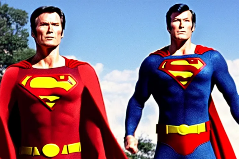 Image similar to clint eastwood as superman in the 1 9 8 0's, superhero film, hyperrealistic, detailed, smooth, sharp focus