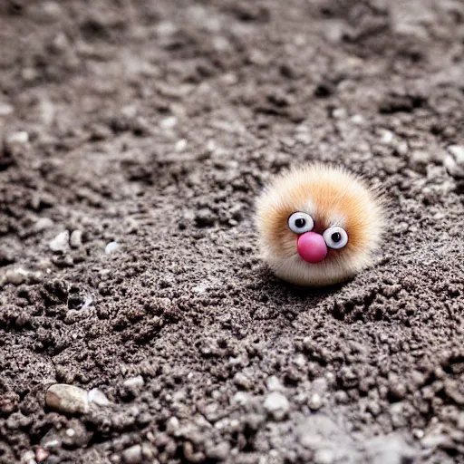 Image similar to photo of a small round creature made of dirt with round blue eyes and a round clown nose and a cute smile