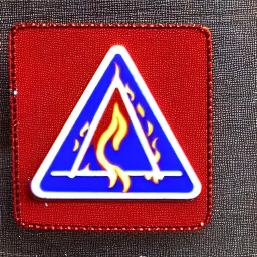 Image similar to a triangle enamel pin of a retro fire flames warning label, smooth curves