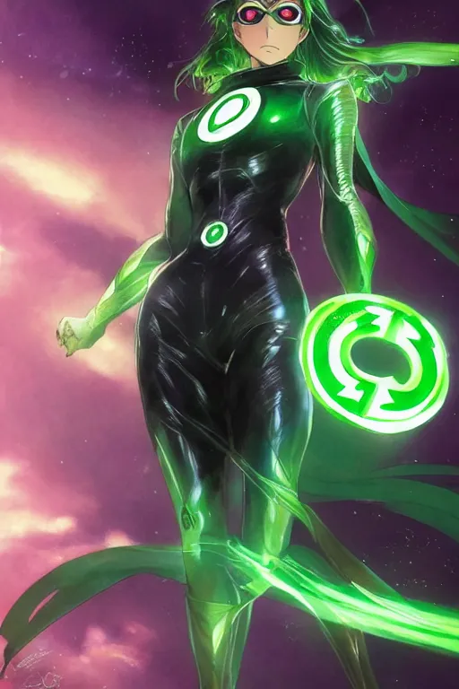 Image similar to anime key visual of a beautiful young female green lantern!! intricate, green and black suit, glowing, powers, dc comics, cinematic, stunning, highly detailed, digital painting, artstation, smooth, hard focus, illustration, art by artgerm and greg rutkowski and alphonse mucha