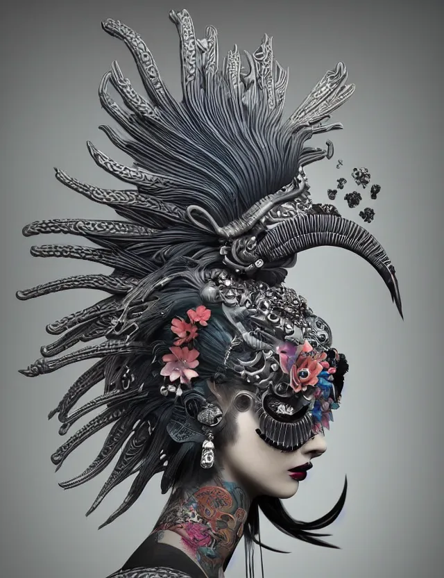 Image similar to 3 d goddess close - up profile portrait punk with mohawk with ram skull. beautiful intricately detailed japanese crow kitsune mask and clasical japanese kimono. betta fish, jellyfish phoenix, bio luminescent, plasma, ice, water, wind, creature, artwork by tooth wu and wlop and beeple and greg rutkowski