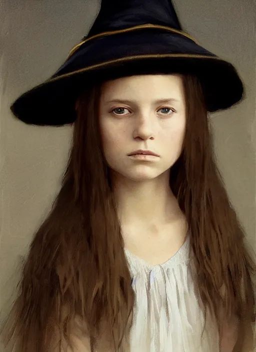 Prompt: a portrait of a thirteen year old girl with brown hair and a stern expression. she is wearing a simple dress and a black pointed witch hat. beautiful painting with highly detailed face by greg rutkowski and raymond swanland