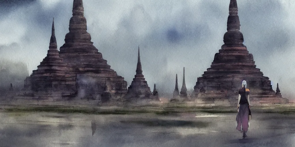 Prompt: sukhothai in the cloudy day, warlord stand alone, watercolor, volumetric lighting, art by makoto shinkai