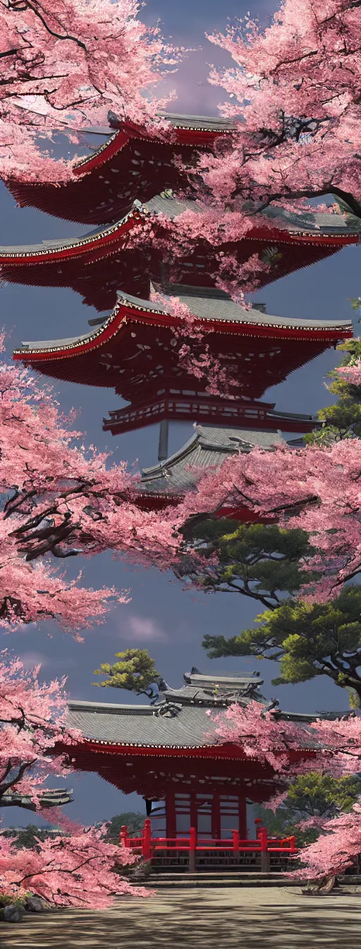 Image similar to a Japanese Shinto Temple in the midst of a stunning Sakura Garden, in the style of Sekiro Shadows Die Twice, artful, rendered in CryEngine, Japanese aesthetic