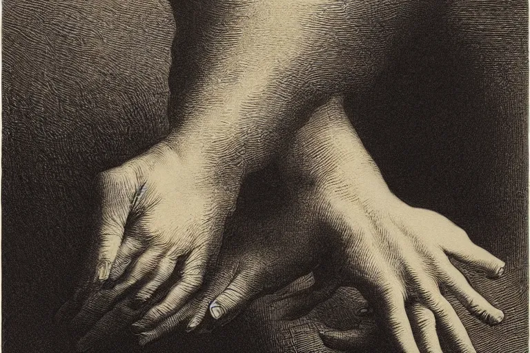 Image similar to woman hand, soft light, Gustave Dore lithography