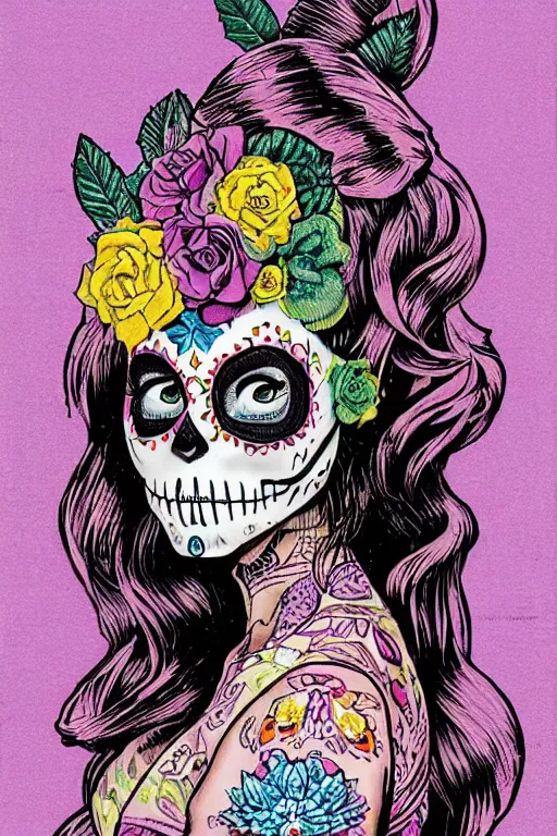 Image similar to Illustration of a sugar skull day of the dead girl, art by angus mckie