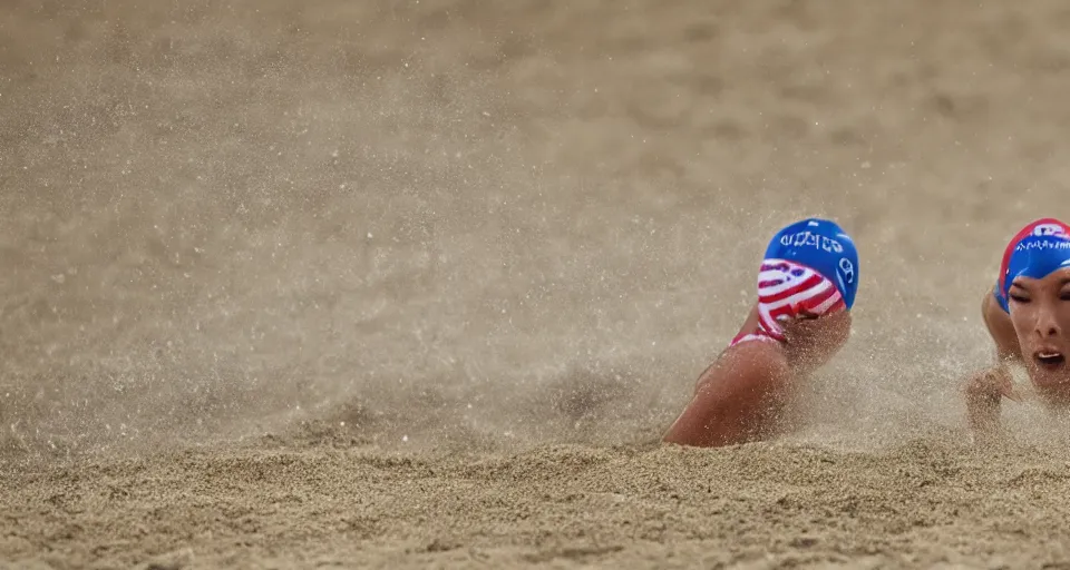 Image similar to olympic swimming in sand instead of water, extremely coherent, motion blur