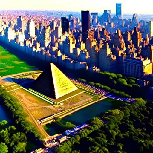 Prompt: giza pyramids in central park new york aerial footage s - log low contrast grading