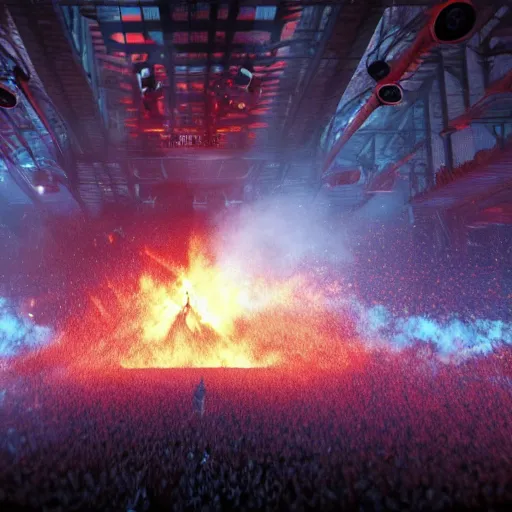 Image similar to the biggest mosh pit in the world, punks throwing Molotovs in the air, fighting, flame and fire, glowing upside cross, cinematic, epic, volumetric, godrays, dynamic lighting, dust flying up into the air, people shooting into the air with guns, octane render, photorealistic, unreal engine, artstation, artstation trending, artstation hq, artstation hd, Pinterest, 8k, ultra detailed, ultra realistic,