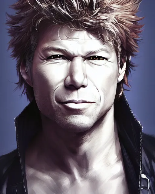 Prompt: anime portrait of Jon Bon Jovi as an anime man by Stanley Artgerm Lau, WLOP, Rossdraws, James Jean, Andrei Riabovitchev, Marc Simonetti, and Sakimichan, trending on artstation