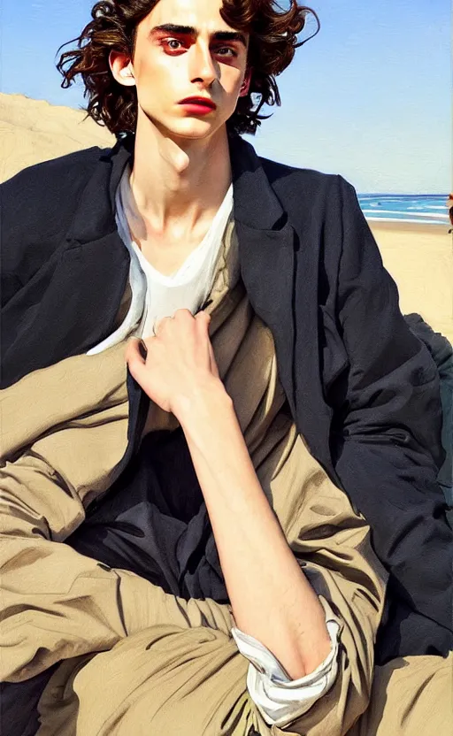 Prompt: Timothee Chalamet, the most beautiful androgynous man in the world, intense painting, sunny day at beach, +++ super supper supper dynamic pose,  digital art, art by j.c. leyendecker