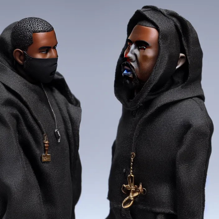 Image similar to a hot toys figure of kanye west using a black religious - themed face - covering mask with jesus graphics designed by pierre - louis auvray made of cloth, a black shirt, a blue puff undersized round jacket and black rubber boots, figurine, detailed product photo