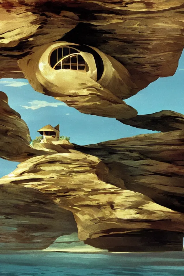 Image similar to seashell house where a hermit girl lives, atmospheric cinematography by syd mead and emmanuel lubezki